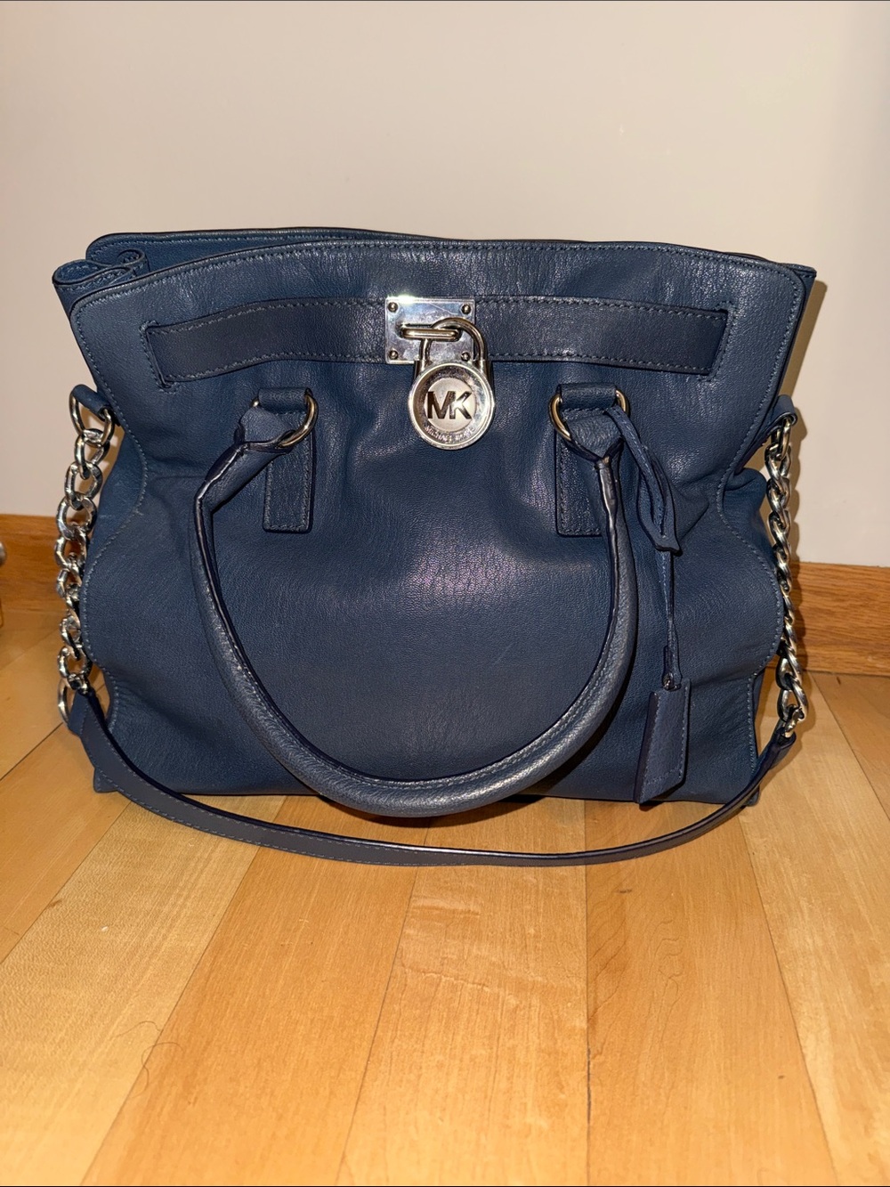 Michael Kors Hamilton Denim Blue Leather Satchel with Chain-Strap Like New